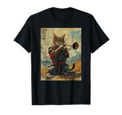 Katze und Trompete Krieger Ukiyo Ink Artwork Katze Samurai T-Shirt von Cat And Trumpet Warrior Ukiyo Ink Artwork Kitties