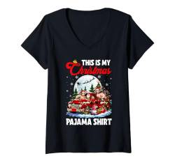 Damen My Christmas Pyjama Shirt Santa Sphynx Cats On Pickup Truck T-Shirt mit V-Ausschnitt von Cat Christmas Costume