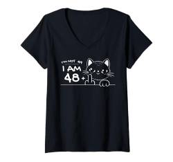 Damen Flip Off Cat, I'm Not 49, I Am 48 Plus 1 Middle Finger Cat T-Shirt mit V-Ausschnitt von Cat Flipping Off Outfit - Age plus Middle Finger