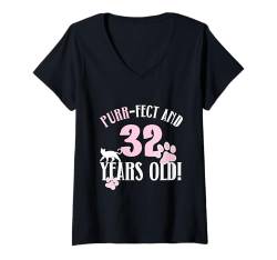 Damen 32. Geburtstag 32 Jahre alte Katze Mama Katzenliebhaber Geburtstag T-Shirt mit V-Ausschnitt von Cat Mom Birthday Designs for Cat Lovers