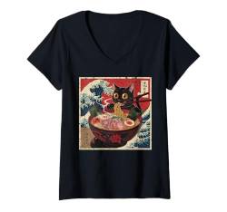 Damen Cat Ramen Japanese Funny Graphic Tees Kawaii Cat Anime Gifts T-Shirt mit V-Ausschnitt von Cat Ramen Noodles Anime Shirts For Men Women Kids.