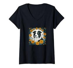 Damen Border Collie Ringelblume Hund T-Shirt mit V-Ausschnitt von Cat Snugg