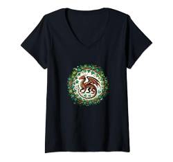 Damen Grüner Baumdrachen-Illustration T-Shirt mit V-Ausschnitt von Cat Snugg