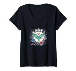 Damen Luna Moth Floral Illustration Motten T-Shirt mit V-Ausschnitt von Cat Snugg