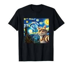 Katze Sternennacht Lustige Katze Selfie Van Gogh Himmel Malerei Kunst T-Shirt von Cat Starry Night Van Gogh Art