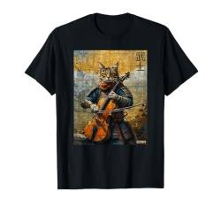 Vintage Katze und Cello-Krieger Ukiyo Tinte Kunstwerk Katze Samurai T-Shirt von Cat & Cello Warrior Ukiyo Ink Artwork Cat Samurai