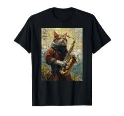 Katze und Saxophon Krieger Ukiyo Ink Artwork Katze Samurai T-Shirt von Cat & Saxophone Warrior Ukiyo Ink Artwork Kitties