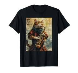 Katze und Saxophon Krieger Ukiyo Ink Artwork Katze Samurai T-Shirt von Cat & Saxophone Warrior Ukiyo Ink Artwork Kitties