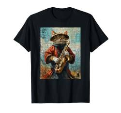 Katze und Saxophon Krieger Ukiyo Ink Artwork Katze Samurai T-Shirt von Cat & Saxophone Warrior Ukiyo Ink Artwork Kitties