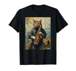 Katze und Saxophon Krieger Ukiyo Ink Artwork Katze Samurai T-Shirt von Cat & Saxophone Warrior Ukiyo Ink Artwork Kitties