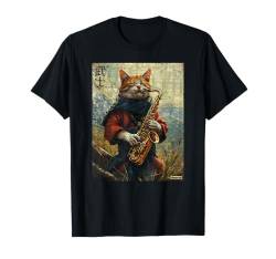 Katze und Saxophon Krieger Ukiyo Ink Artwork Katze Samurai T-Shirt von Cat & Saxophone Warrior Ukiyo Ink Artwork Kitties