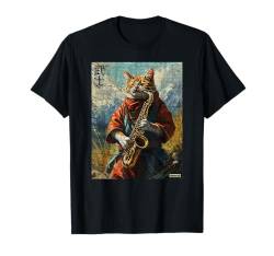 Katze und Saxophon Krieger Ukiyo Ink Artwork Katze Samurai T-Shirt von Cat & Saxophone Warrior Ukiyo Ink Artwork Kitties