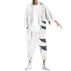 2 Teile Outfit Herren Traditionelles Kimono-Set Japanisches Kimono Cardigan und Pluderhosen Anzug in Übergröße Kostüm Freizeitanzug Trainingsshirt Shorts Sets Japanisch Bademantel von Caxndycing