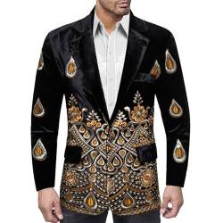 Caxndycing Anzugjacke Herren Samt Lässig Sakko mit Gold Stickerei Freizeit Glänzendes Ethnisch Blazer Slim Fit Smokingjacke mit Blumenmuster Freizeitanzug Comfort Fit Leicht Mantel von Caxndycing