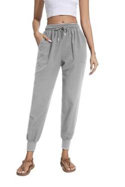 Cegerne Damen Baumwolle Leinenhose Lang Leicht Sommerhose Luftige Loose Fit Casual Stoffhose mit Taschen, Grau, M von Cegerne