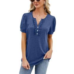 Celadyen Longshirt Damen Sommer Kurzarm Tunika Oberteile Casual V-Ausschnitt Bluse Shirt Top Elegant Einfarbig Tuniken Longtops mit Knopfleiste, Blau L von Celadyen