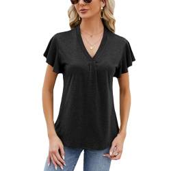 Celadyen T-Shirt Damen Sommer Kurzarm Tunika Oberteile V-Ausschnitt Einfarbig Elegant Bluse Tshirt Einfarbig Longshirt Sommertop, Schwarz M von Celadyen