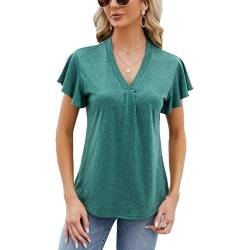 Celadyen T-Shirt Damen Tunika Kurzarm Sommer Longshirt V Ausschnitt Bluse T Shirt Casual Tshirt Einfarbig Elegant Longbluse Oberteile Tops, Grün S von Celadyen