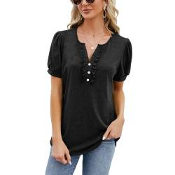 Celadyen Tshirt Damen Sommer Kurzarm Tunika Lognshirt Oberteile Lässig V-Ausschnitt Elegant Bluse Tuniken Top mit Knopfleiste, Schwarz L von Celadyen