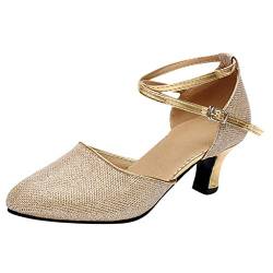 Damen Standard Latein Funkeln Tanzschuhe Frauen Ballsaal Salsa Tango Tanzen Schuhe Knöchelriemen Hochzeit Abendschuhe, Celucke Klassische Pumps Frühling Elegante Brautschuhe (Gold, EU36) von Celucke Sandalette