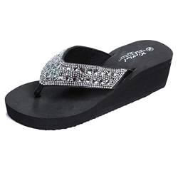 Zehentrenner Damen Keilabsatz Frauen Flip Flops Plateau Sommer Zehenstegsandalen Strass Sandalen Schöne Sommerschuhe Celucke (Schwarz, EU36) von Celucke Sandalette