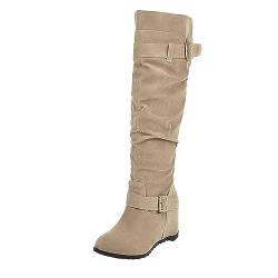 Celucke Damen Stiefel Wildleder Winterstiefel Klassische Stiefel Innenhöhe Keilabsatz Western Boots Beige Cowboy Boots Einfarbige Biker Boots Reiterstiefel mit Gürtelschnalle Damenstiefel von Celucke