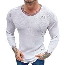 Celucke T-Shirt Herren Zerrissene Gestricktes Shirt Langarm Muscleshirt Pullover Fitness Oberteil Laufen Outdoor Sport Trainingsshirt(Weiß,M) von Celucke