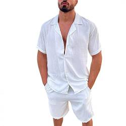 Celucke Zweiteiler Herren Leinenanzug Sommer Freizeitanzug Einfarbig 2-teilig Kurzarm Button-Up Revers Hemd und Shorts Beach Shirt Kurze Hose Set Baumwolle Leinen Anzug(Weiß,XL) von Celucke