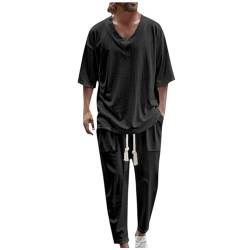 Celucke Zweiteiliges Outfit Herren Einfarbige Halbe Ärmel T Shirts Und Hose Sport Set Teenager-Anzug Baggy Sommer Anzug Strand Outfit Freizeitanzug 2024 Pullover Mit V-Ausschnitt Freizeithosen Outfit von Celucke