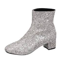 Damenstiefel Glänzend Silber Kurze Stiefeletten Dickem Absatz und Seitlichem Reißverschluss Mode Kurzstiefel Britischen Stil Kunstleder Stiefel Frauen Karneval Party Damenschuhe von Celucke