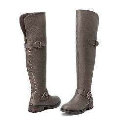 CentroPoint Damen Overknee-Stiefel Mode Breite Wade Flache Absatz Stiefel Runde Zehen Reißverschluss Schnallen Reitstiefel, Taupe PU, 39 EU von CentroPoint