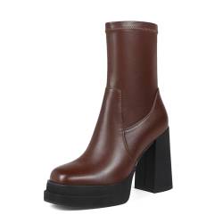 Cewpoeze Plateau-Stiefeletten für Damen, quadratischer Zehenbereich, hoher klobiger Absatz, Braun PU, 41 EU von Cewpoeze