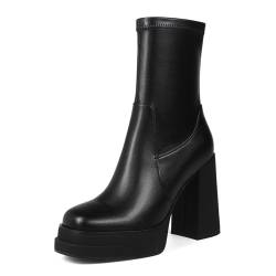 Cewpoeze Plateau-Stiefeletten für Damen, quadratischer Zehenbereich, hoher klobiger Absatz, Schwarz (Black Pu), 38 EU von Cewpoeze