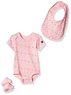 Champion Baby-Mädchen 3-teiliges Set bestehend aus Strampler, Lätzchen und Stiefelchen Kleinkind T-Shirt-Satz, All Over Script-Pink 682, 0-6 Monate (3er Pack) von Champion