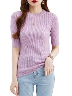 Chanyarn Damen Pullover 100% Merinowolle Frühling Sommer gerippt Rundhalsausschnitt leicht kurzärmelig Strickpullover (Hellviolett,L) von Chanyarn