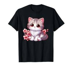 Niedliche Kawaii-Katze mit Kirschblüten, Anime-Cartoon-Design T-Shirt von Charming Japanese Kitten Apparel for Cat Lovers