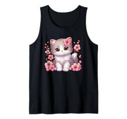 Niedliche Kawaii-Katze mit Kirschblüten, Anime-Cartoon-Design Tank Top von Charming Japanese Kitten Apparel for Cat Lovers