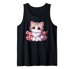 Niedliche Kawaii-Katze mit Kirschblüten, Anime-Cartoon-Design Tank Top von Charming Japanese Kitten Apparel for Cat Lovers