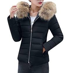 Chdirnely Puffer Jacken Frauen Mode Schlanke Mäntel Fleece Kapuzenjacken Plus Größe Langarm Outwear Zip Up Jacke Gepolsterter Mantel Pelz Kapuze für Damen Winter Mäntel, Schwarz , 50 von Chdirnely