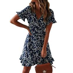 CheChury Damen Freizeit Kleid V-Ausschnitt Damenrock Casual Tunika Female Kleid Kurz Elegant Blusenkleid Blumen Sommerkleid Kurzarm Sommer Strandkleider High Waist,MarineL von CheChury