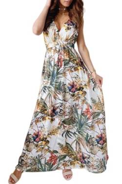 CheChury Damen Kleidlang Elegant Boho Blumenkleid Sommerkleid Strandkleider Ärmellos V-Ausschnitt Casual Sommer Blusenkleid Mode Freizeitkleider Elegant Freizeitkleid für Hochzeitsgäste von CheChury