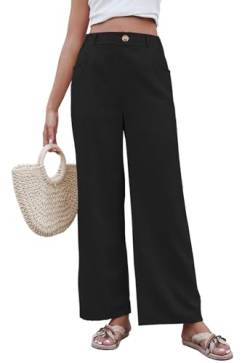 CheChury Damen Leinenhose Sommer Hose Weites Bein Baumwolle Leinen Sommerhose Elastisch Hohe Taille Freizeithose Strandhose Lang Leichte Loose Boho Hosen mit Taschen Bequeme Stoffhose von CheChury