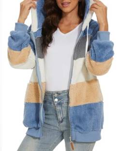 CheChury Damen Mantel Kapuzenjacke Winterjacke Mode Damen Teddy Fleece Kapuzensweatshirt Warm Kapuzenpullover Hoodie Pullover Flauschig Jacken mit Zipper Plüschjacke Fleecejacke Sweatshirt,Blau,XL von CheChury