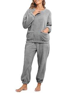 CheChury Damen Pyjama Set Kuschelig Winter Fleece Warm Hausanzug Elegant Süße Plüsch Schlafanzug Flauschig Freizeitanzug Thermo Thermobekleidung Zweiteiler Ensembles Langarm Nachtwäsche von CheChury