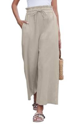 CheChury Leinenhosen Damen Einfarbig Lose Gerade Geschnitten Palazzo Hose Hohe Taille Dehnbar Lounge Hose mit Taschen Lang Freizeithosen Lässige Female Hose Weitem Bein Strandhosen Sommerhose,Beige,XL von CheChury