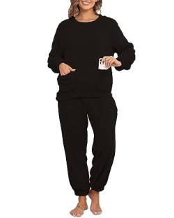 CheChury Schlafanzug Damen Fleece Lang Winter Pyjama Unisex Warm Fleece Hausanzug Kuschelig Herren Schlafanzug Flauschig Warm Winter Fleece Pyjama Set Flanell Langarm Oberteile Pyjamahose,Schwarz,M von CheChury