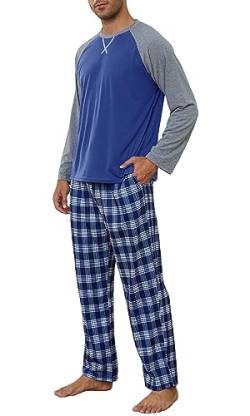 CheChury Schlafanzug Herren Lang Pyjamaset Baumwolle Pyjama Rundhals Männer Pyjama Set 2er Pack Langarm Shirt Lange Karierte Pyjamahose mit Tasche Loungehose Freizeithose Nightwear Set,Blau,XXL von CheChury