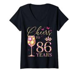 Damen Ein Hoch auf 86 Jahre, 86 Jahre alte Frauen, Königin zum 86. Geburtstag T-Shirt mit V-Ausschnitt von Cheers To My Birthday Queens Bday Party