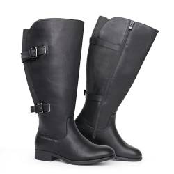 Chicblooms Damen-Stiefel, klassisch, extra weit, mit flachem Absatz, doppelter Schnalle hinten, Stretch, kniehoch, Schwarz Synthetik EU 43 von Chicblooms