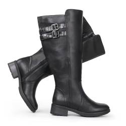 Chicblooms Damen-Stiefel mit extrabreitem Wadenabschnitt, Blockabsatz, gestapelter Schnalle, verstecktem Stretch, kniehoch, Schwarz Synthetik EU 39 von Chicblooms